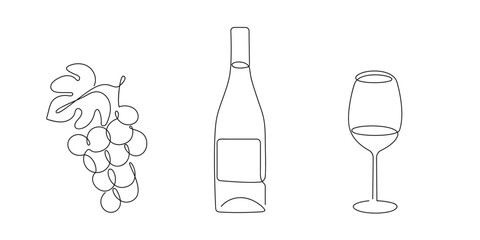 Wine set(grape, bottle, wine glass) drawn in one continuous line. One line drawing, minimalism. Vector illustration.