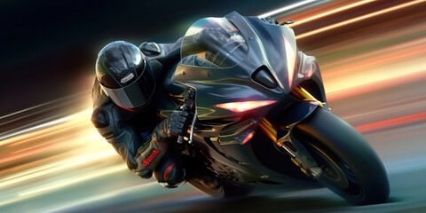 Man on a motorbike at high speed leaning in the curve. Racing sport. Motogp championship. Silhouette on road on a moto competing for championship. Circuit track Background poster - obrazy, fototapety, plakaty