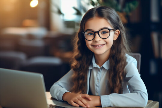 Young trendy beautiful school girl smiling, wearing round metal glasses. Studying in internet from home with laptop, she is in a prestigious elementary school. Luxury background. AI generative