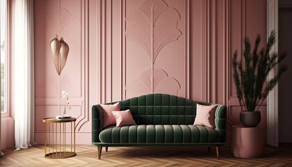 Art Deco interior in classic style with pink sofa and table.3d rendering