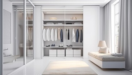 White luxury walk in closet interior with light frome the window.3d rendering