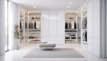 White luxury walk in closet interior with light frome the window.3d rendering