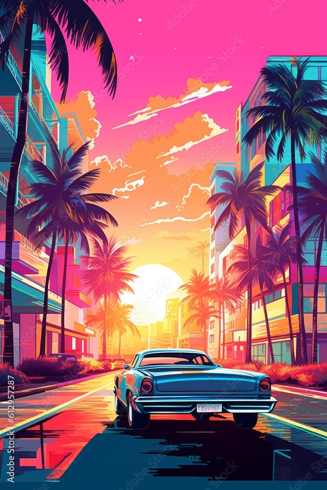 Wall mural  Illustration of Miami beach in a vibrant 1980s retro synthwave style, watercolor masterpiece. - Wall murals