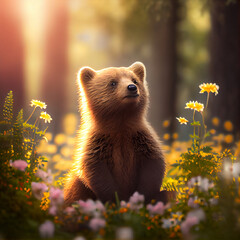 Cute bear in the forest created with Generative AI technology