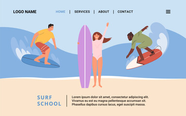 Landing page with Adult People surfing on waves. Horizontal Banner design for Surf School, Club. Vector template in flat style