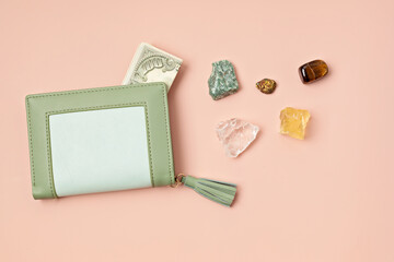 Crystals kit for abundance, money and prosperity. Pyrite, tiger eye, green aventurine, clear quatz,citrine gemstones for finantial gains gift idea. Flat lay, top view