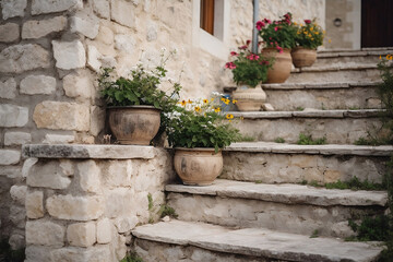 Obraz na płótnie Canvas Outdoor stone stairs with plants in flower pots. Generative AI.