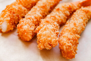 Shrimp fried in batter, cooked seafood, selective focus