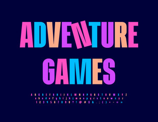Fototapeta na wymiar Vector playful emblem Adventure Games. Colorful funky Font. Modern bright Alphabet Letters, Numbers and Symbols set