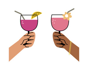 Hands hold cocktail clinking glass.Cheers toast, festive hand drawn alcohol drink decoration for holidays,romantic Valentine's Day design. Isolated.Vector illustration