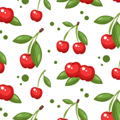 Seamless cherry pattern. Hand drawn vector illustration for summer romantic cover, tropical wallpaper, vintage texture