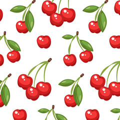 Seamless cherry pattern. Hand drawn vector illustration for summer romantic cover, tropical wallpaper, vintage texture