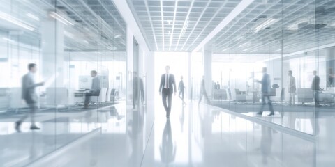Fototapeta na wymiar Businesspeople on a white, glass office background are blurred. Generative Ai.