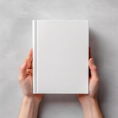 two hands hold book mockup grey background