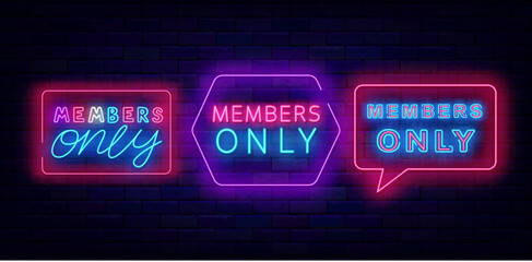 Members only neon signs collection. Premium access. Shiny phrase. Light quotes set. Vector stock illustration