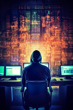 The image portrays a hacker sitting in front of multiple computer screens, surrounded by lines of code and various hacking tools. The hacker's face is concealed and illicit nature of cyberattacks.