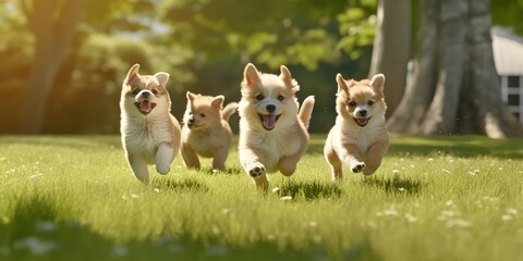 Group of adorable dogs playing and running about on a park's lush grass. Generative Ai.