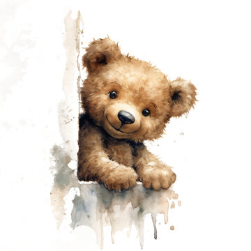 portrait of a  teddy bear looking happy around a edge of a corner in watercolor design isolated on transparent background