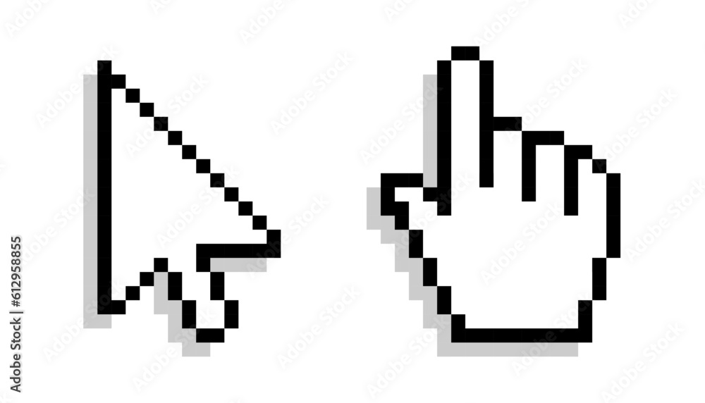 Aufkleber Pixel mouse cursor and hand pointer with shadow icon set. Clipart image isolated on white background