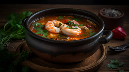 Indulge in the mouthwatering bowl of Tom Yum soup, a spicy and tangy Thai delicacy that tantalizes your taste buds. Packed with plump shrimp