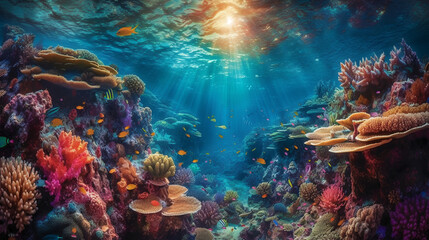 Fototapeta na wymiar Dive into the mesmerizing depths of the ocean with this extraordinary underwater photograph. Behold the vibrant coral garden, a captivating display of intricate shapes and brilliant colors.