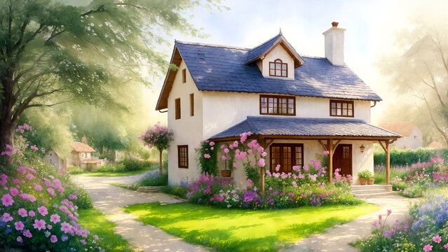 Unusual fairy tale rustic country house, located beautiful garden.Bright colors.Freehand watercolor drawing painting.Digital designer art illustration.AI illustration