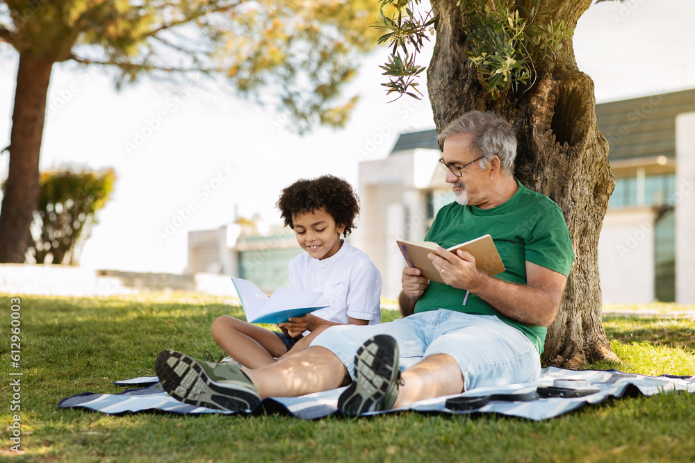 Wall mural cheerful senior man with beard and black little boy sit on plaid, read book, relax in park, outdoor