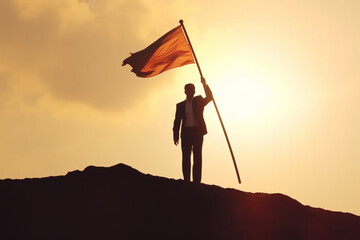 Leading with purpose: Businessman's silhouette, flag aloft, exemplifies goal-oriented achievement. Generative AI