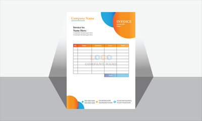 A simple invoice design for a company. Colorful and bright design, With a place to give logo. Mixture of color orange and blue is used in gradient. 