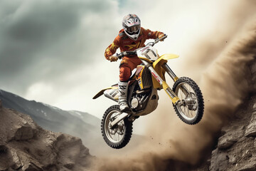 Fototapeta na wymiar Mountain conqueror: MX rider's daring stunts amidst rugged terrain. Generative AI
