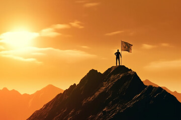 Summit triumph: Businessman's silhouette waves flag atop sun-kissed mountain peak. Generative AI