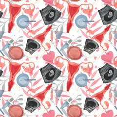 ivf watercolor pattern, in vitro fertilization, uterus, egg, sperm, positive pregnancy tests, print seamless watercolor hand drawn