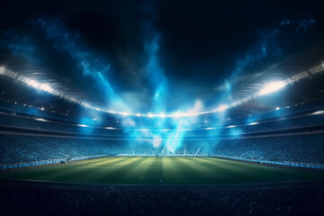 Theater of light: The stadium lights shine like beacons, casting a radiant glow on the dark night, while wisps of smoke add a touch of mystique. Generative AI