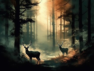 Deer silhouettes in a misty forest created with Generative AI technology.