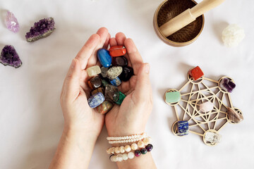 Healing chakra crystal grid therapy. Rituals with gemstones for wellness, healing, meditation,...