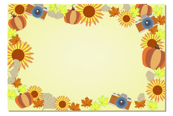 Fototapeta premium Autumn frame with pumpkin, sunflowers and camera. Frame for inserting a photo or text.