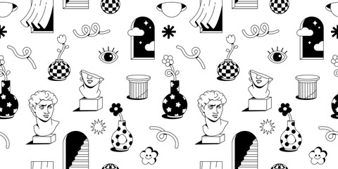 Surreal psychedelic cartoon sticker pack. Cartoon flowers and vase, abstract shapes clouds, greek sculpture and statue, arch, window, column in trendy playful cartoon style. Vector illustrations.