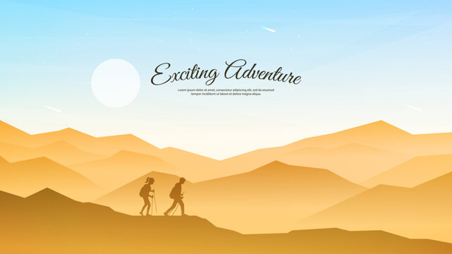 Vector illustration. Travel concept of discovering, exploring and observing nature. Hiking. Adventure tourism. Couple walking with backpack and travel sticks. Website template. Desert wallpaper