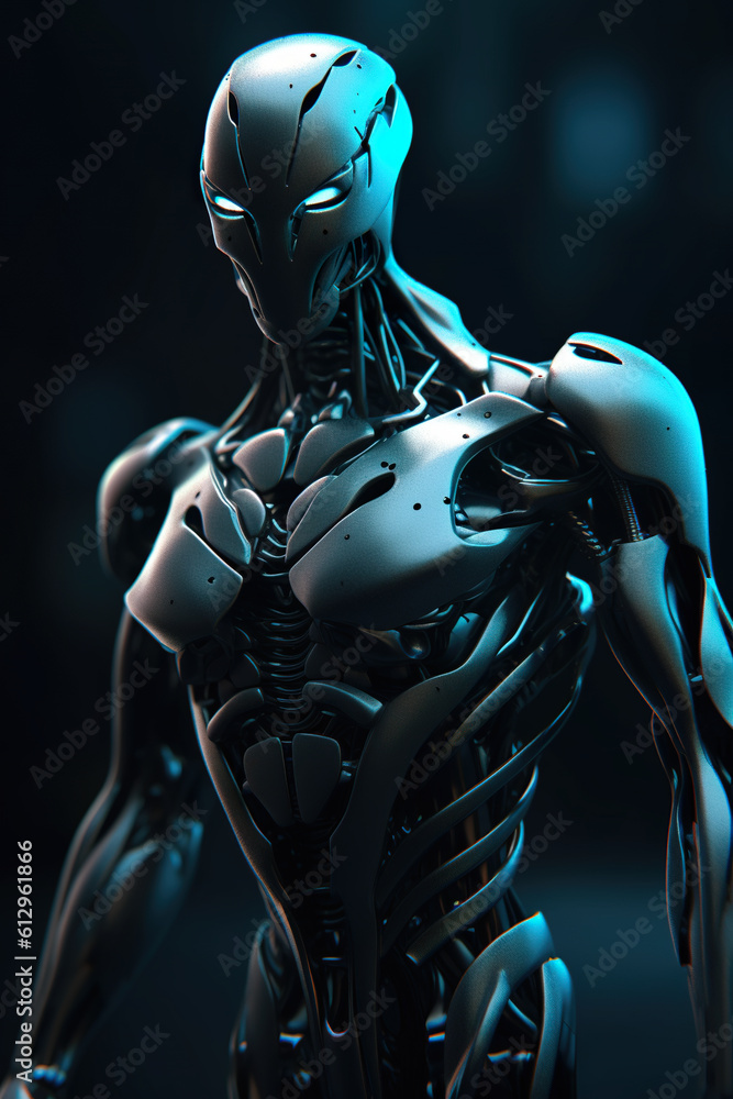 Poster a close up of a robot in a dark room. generative ai.
