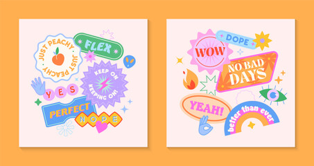 Vector set of cute templates with patches and stickers in 90s style.Modern symbols in y2k aesthetic with text.Trendy funky designs for banners,social media marketing,branding,packaging,covers