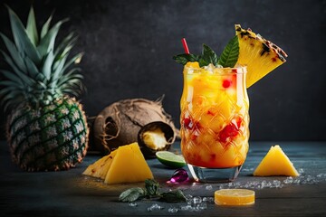 Alcoholic cocktail with vodka, pineapple juice, mango, red syrup and ice. Long drink or icy mocktail during summer. Tropical dark background with palm leaves and exotic fruits. Generative AI