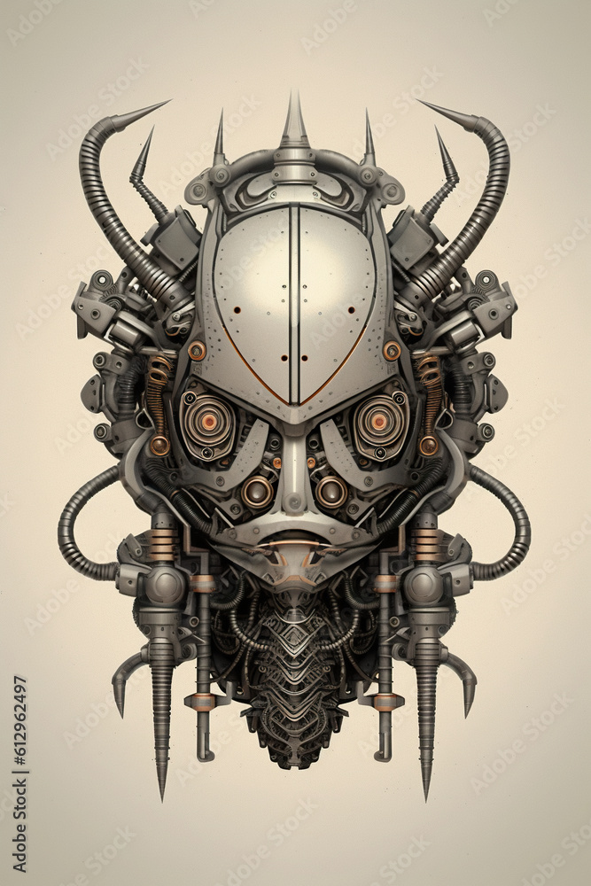 Poster a robot with horns and a helmet on it's head. generative ai.