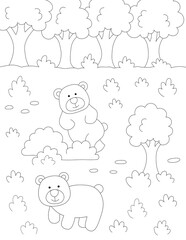 coloring page for kids of bears in the forest. you can print it on 8.5x11 inch paper