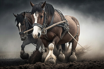 Horses plow the land. Horses work field. AI Generated