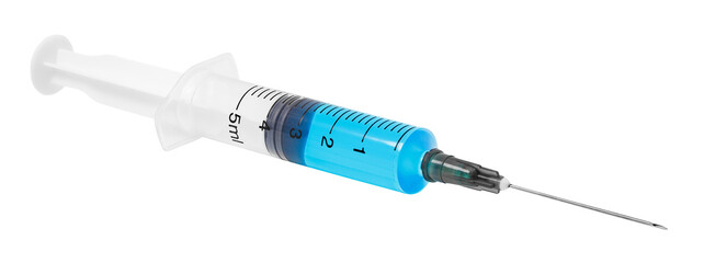 Disposable syringe with an injection needle filled with blue liquid medicine, isolated on...