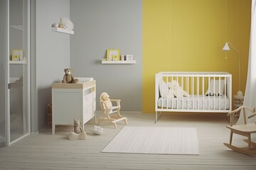 cozy and bright nursery with a white crib and yellow walls. Generative AI