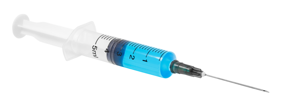 Disposable syringe with an injection needle filled with blue liquid medicine, isolated on transparent background