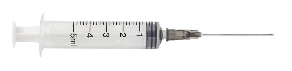 Disposable syringe with needle for injection, isolated on transparent background