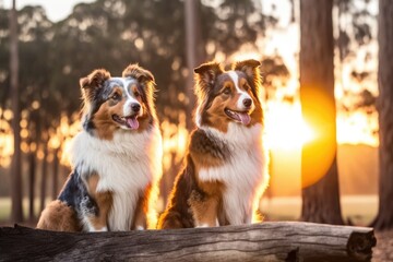 A portrait of two dogs of the same breed. Natural beauty of Australian Shepherds. Generative AI