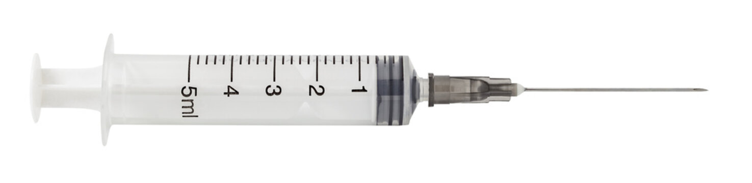 Disposable syringe with needle for injection, isolated on transparent background
